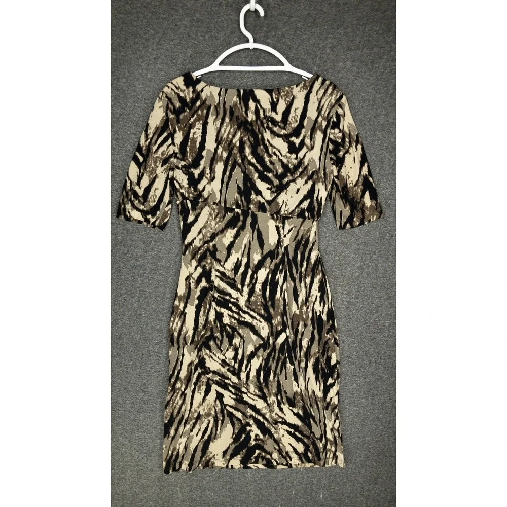 Dressbarn Tiger Print Faux Wrap Dress Women's 10 Half Sleeve Knee Length Rouched